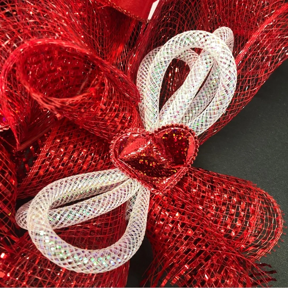 Gnome Deco Mesh Valentines Wreath Ribbons Hearts Red White Tubing Love
